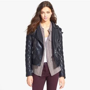 BEBE Knit & Faux Leather Hooded Moro Jacket